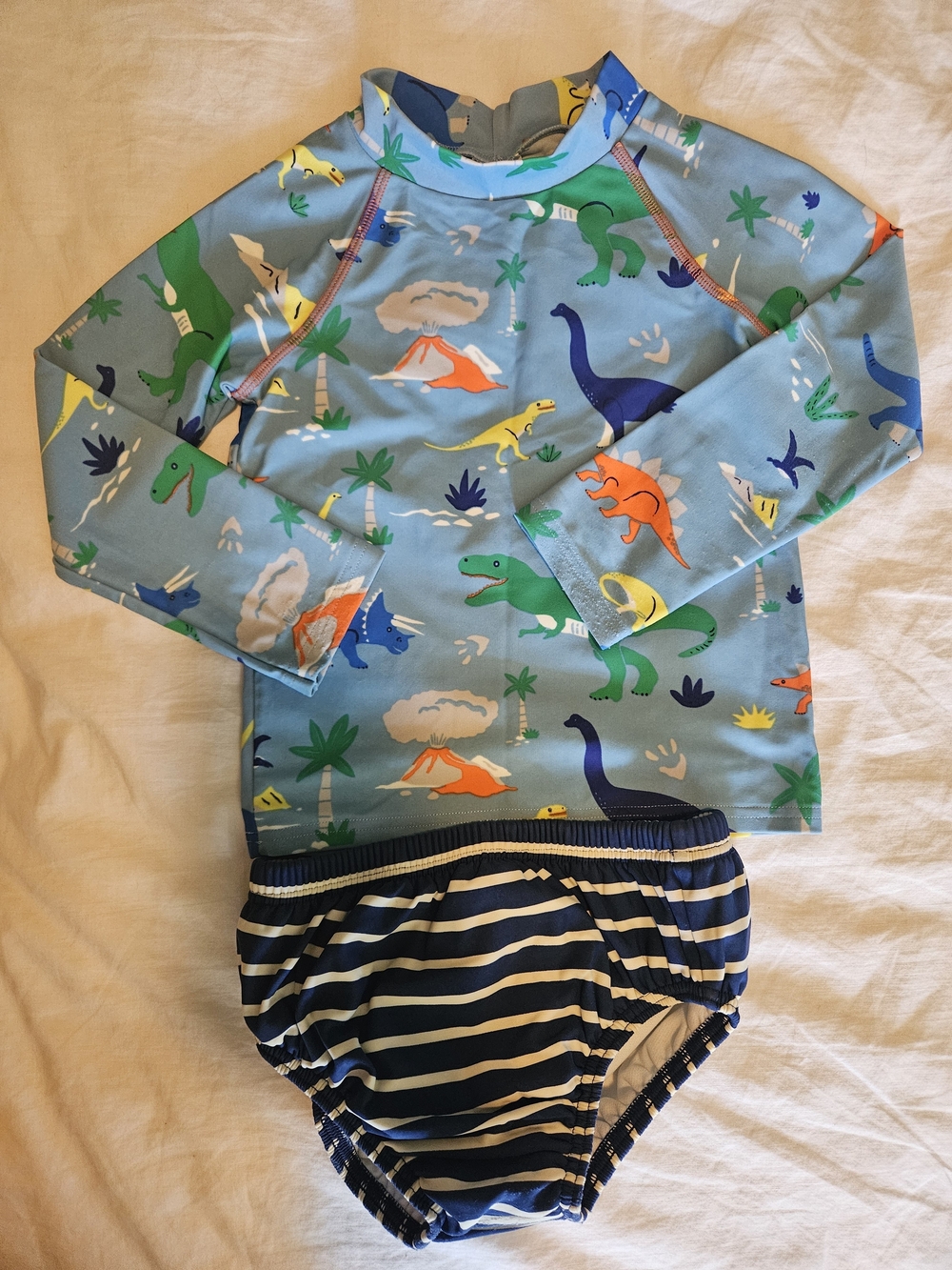 Baby Boden Light Blue Dino Rashguard Set with Navy Striped Bottoms